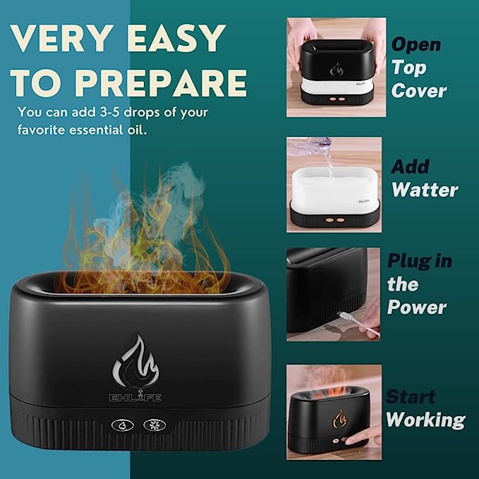 Flame Aroma Diffuser LA-0630-1 - Ultrasonic Humidifier with Realistic Flame Light & Essential Oil Mist
