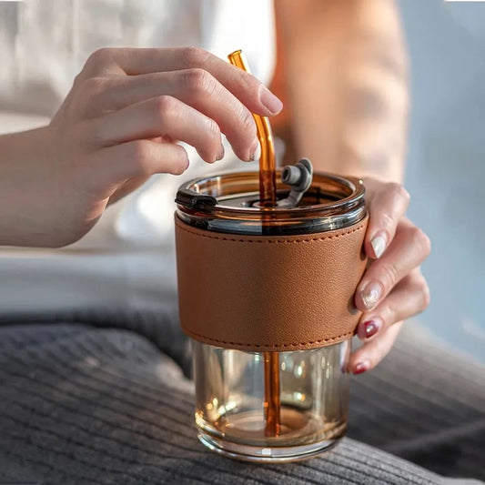 Gorgous 300ml Double-Layer Travel Tumbler - Insulated Coffee Cup with Premium Leather Grip & Straw