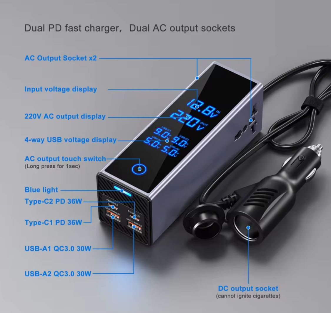 Socket Car Power Inverter – 300W Dual PD & QC USB Charger