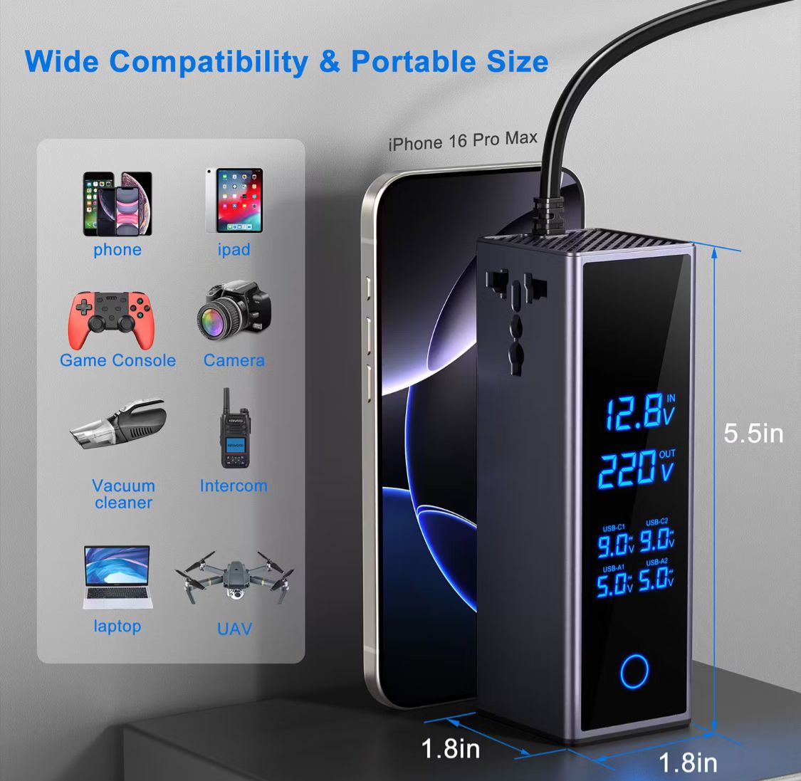 Socket Car Power Inverter – 300W Dual PD & QC USB Charger